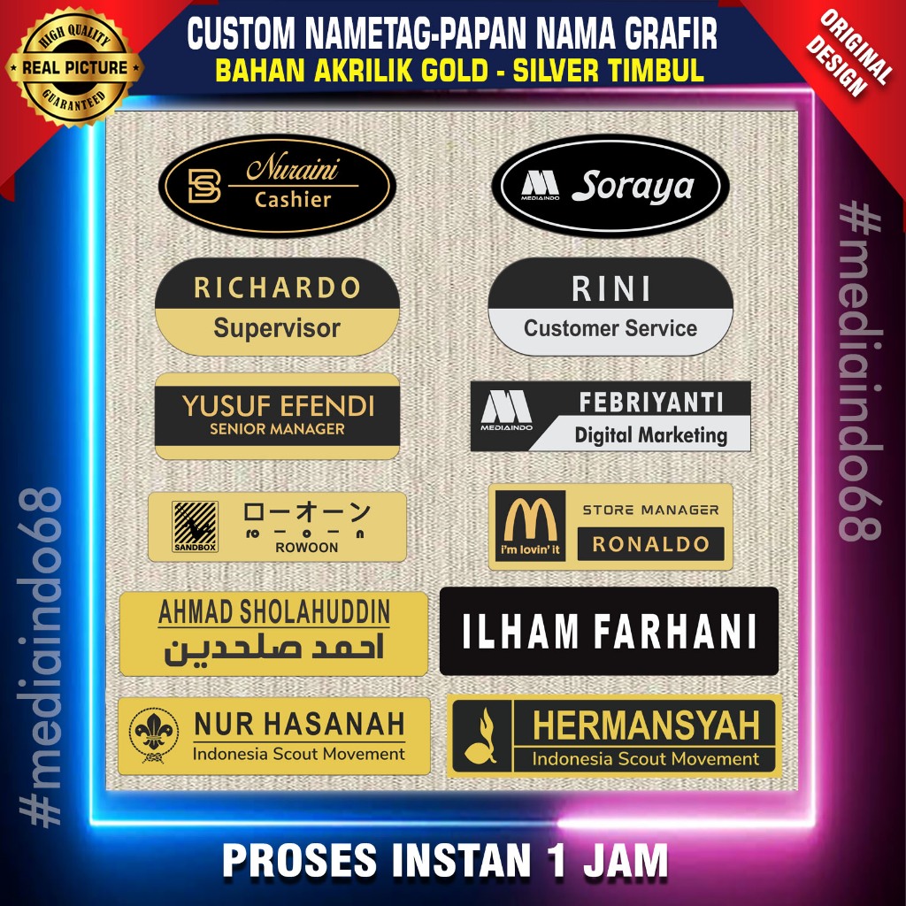 

NAMETAG GRAFIR LASER CUTTING, NAMA DADA AKRILIK GOLD-SILVER GRAFIR (Custom INSTAN 1 Jam)