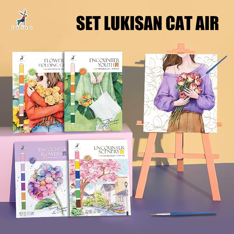 

Set Lukisan Cat air Buku Cat Air 4 Lembar Dengan Kuas DIY Watercolor Painting 16 warna dengan kuas