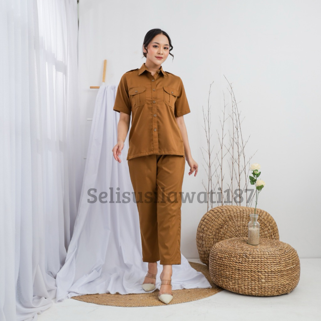 HARGA PRODUK Seragam Khaki Pns wanita Baju dinas Pemda Kemeja Saku dada Lengan Pendek HARGA PRODUK