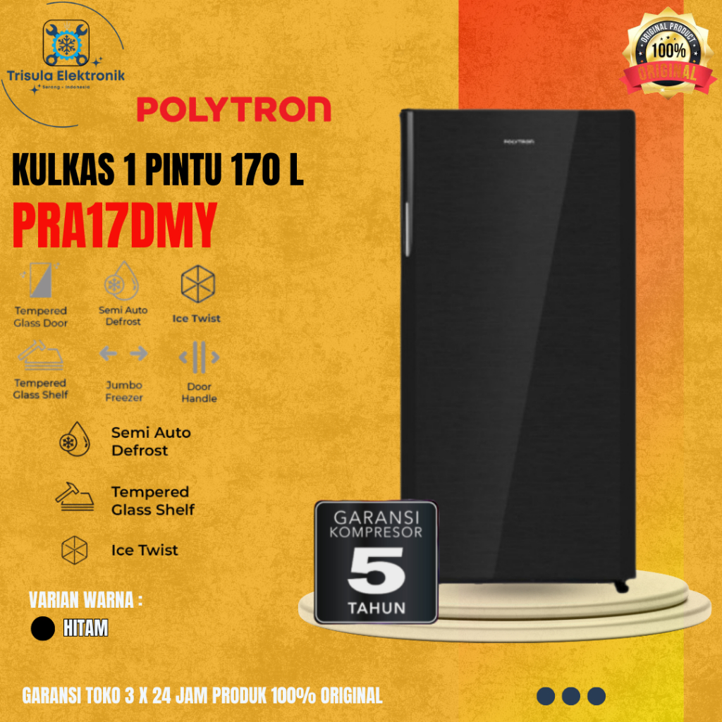 Polytron Kulkas PRA 17DMY / PRA17 DMY, Kulkas 1 Pintu 170 Liter 70 Watt Freezer Besar Series Belleza