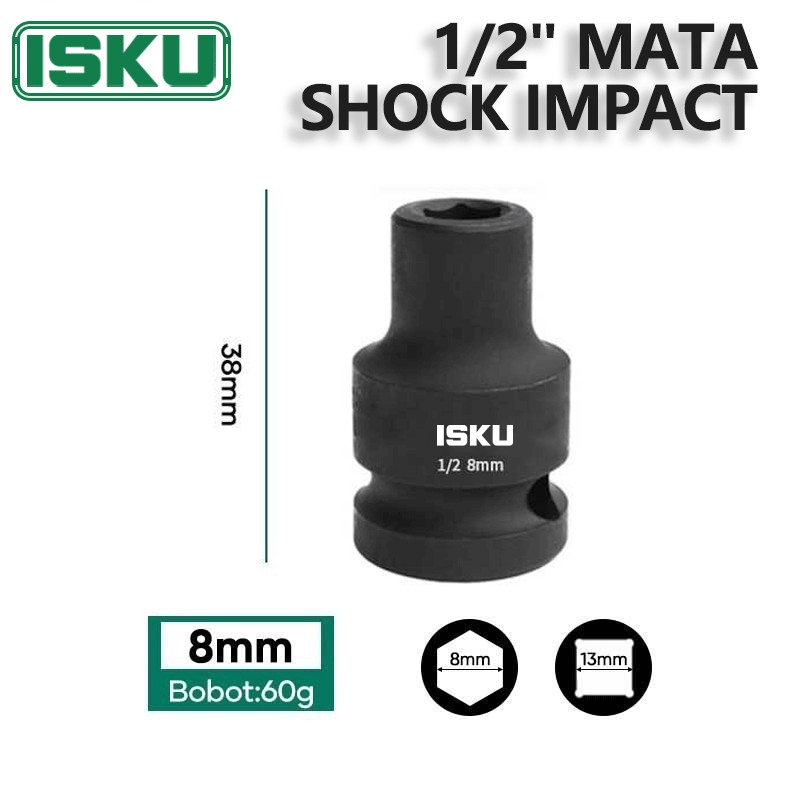 ISKU 1/2 6Pt Mata Shock Impact Panjang 8mm Drive Deep Impact Socket Bahan Cr-Mo Mata Shock Impact