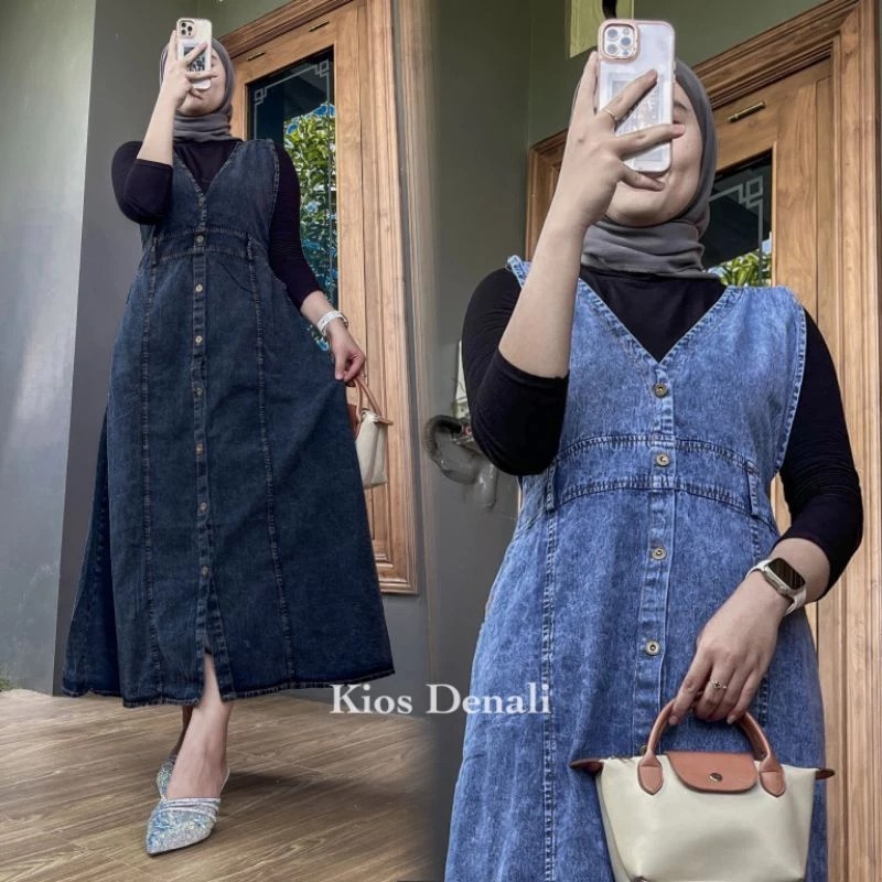 Overall Jeans Denim Wanita Kancing Depan – Dress Tanpa Lengan Casual Modis  Overall kancing