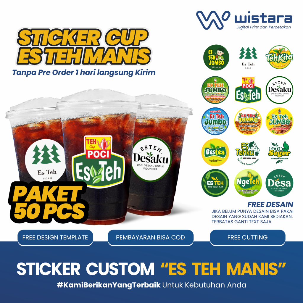 

Cetak Stiker Es Teh Jumbo Sticker Cup Gelas Bahan Chromo atau Vynil Custom