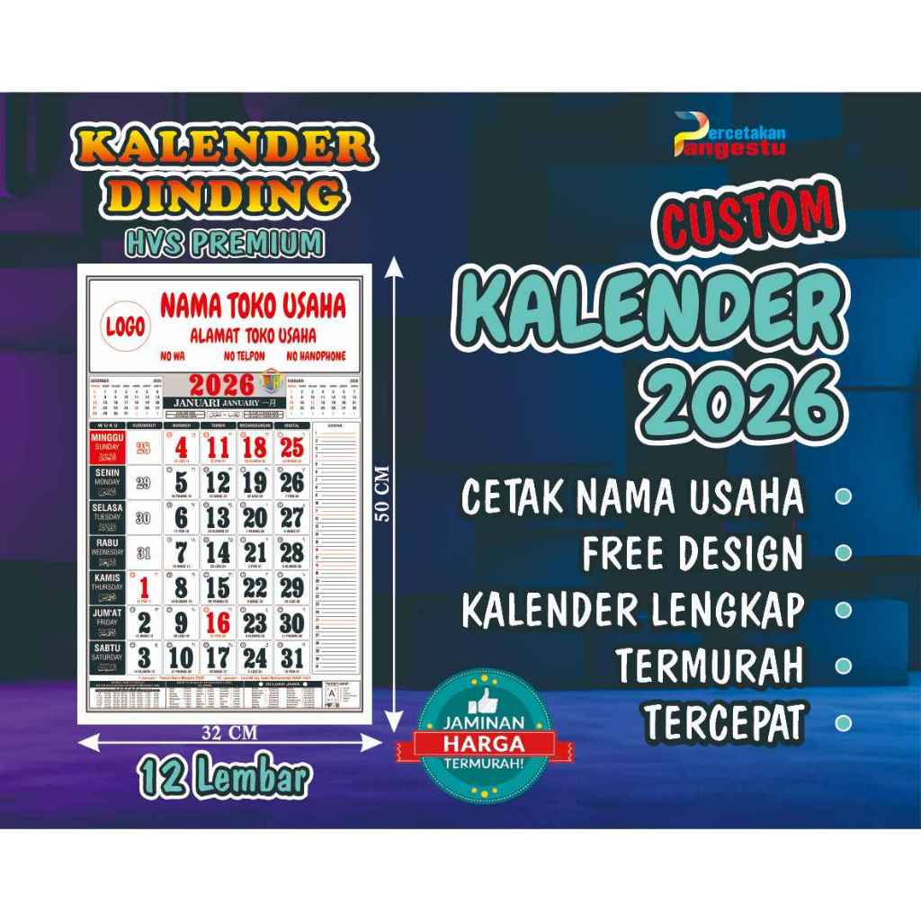 

KALENDER 2026 + CETAK CUSTOM NAMA USAHA (1WARNA)