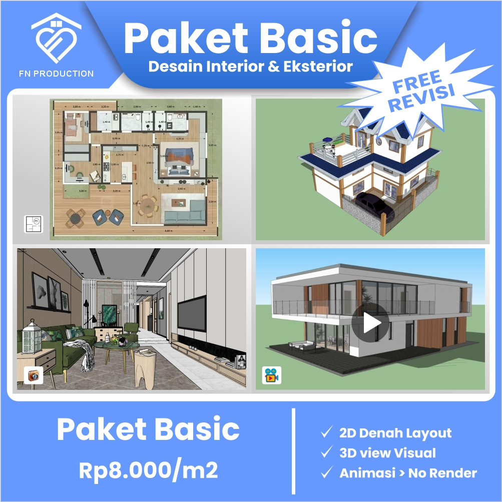 Jasa Desain Rumah 3D Render, Denah Kerja & RAB (File PDF) Interior & Eksterior