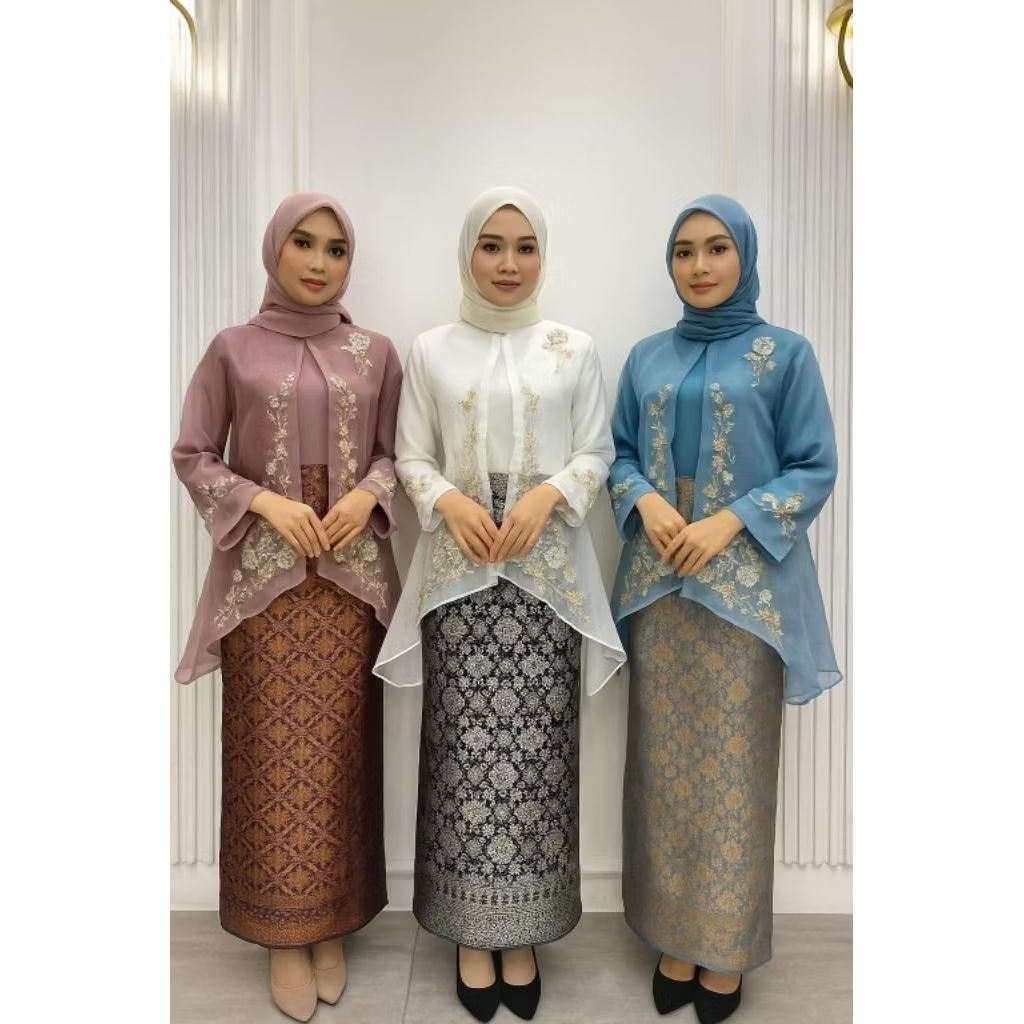 Kebaya melayu Outer Bordir Organza satu set manset dan songket