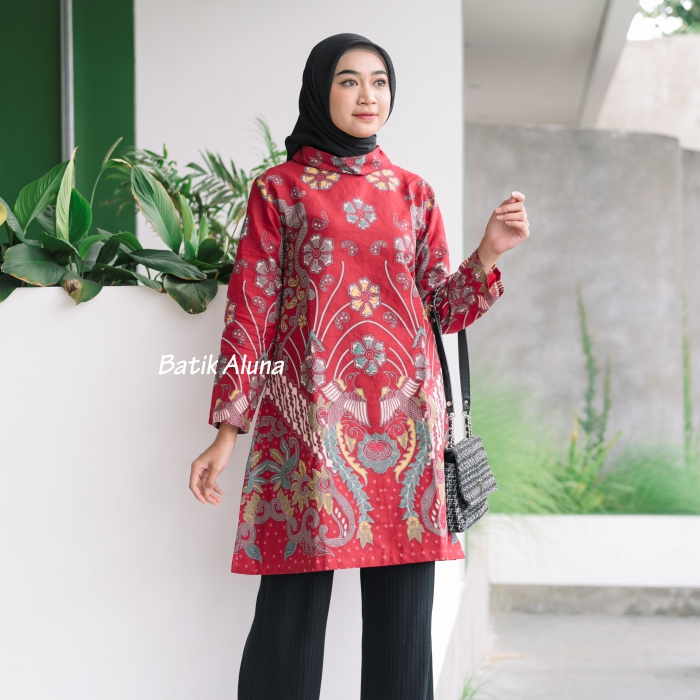 Batik Wanita Premium Aluna Modern Tunik Lengan Panjang Batik Khas Solo Batik Aluna TBA 068