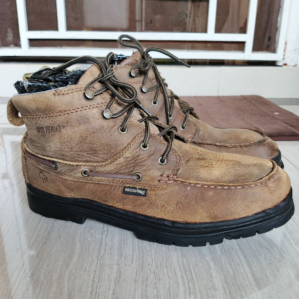 WOLVERINE Moctoe Working Mid Boots Western Biker Motor Nubuck Brown Leather Authentic Original Size 