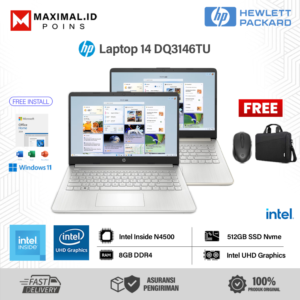 Laptop HP 14s DQ3146TU Intel N4500 Ram 8GB DDR4 512GB SSD 14 inch Windows 11 + OHS 2024