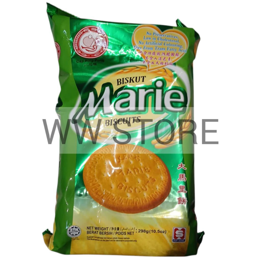 

Cemilan snek makanan ringan biskuit halal HUPSENG HUP SENG Cap Ping Pong Marie Biscuits biscuit 298g