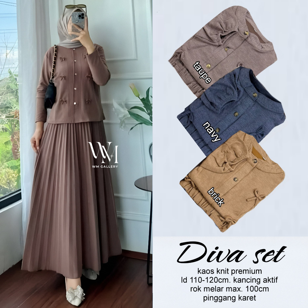 WM - Diva Set Rok Wanita • Kaos Knit Premium Kancing Aktif Rok Melar Pinggang Karet