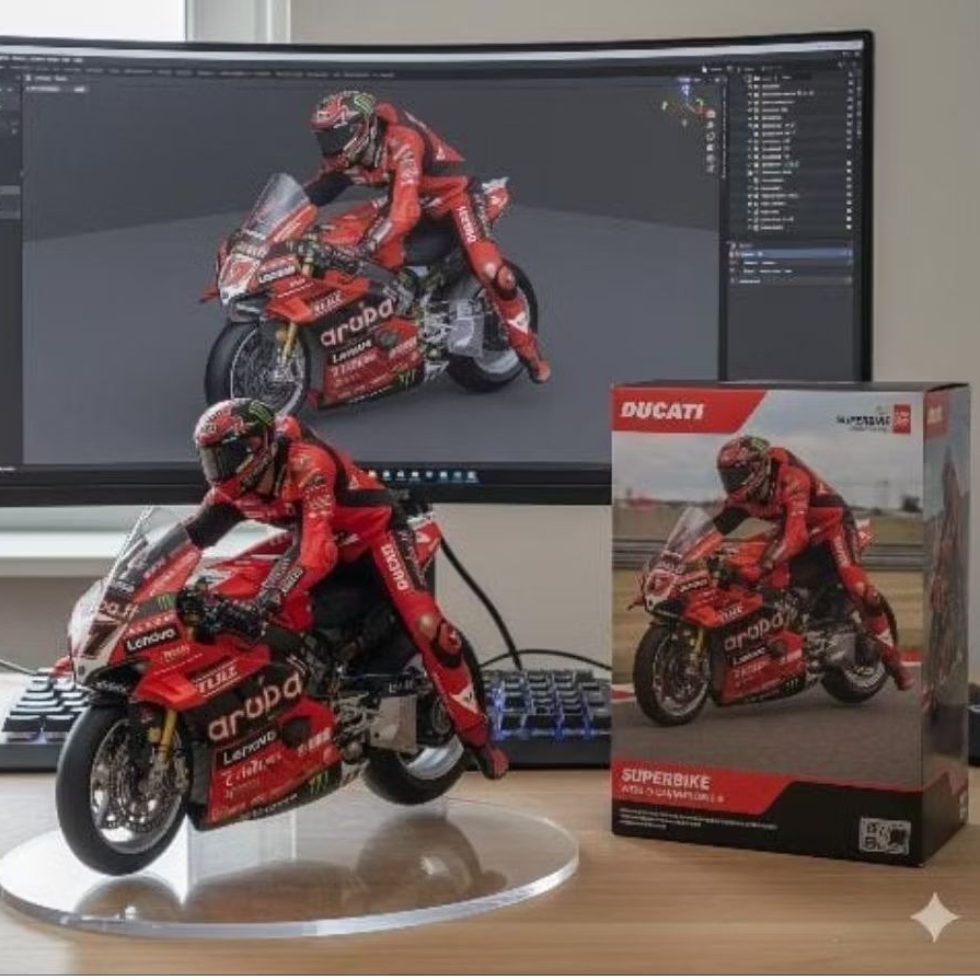 Diecast miniatur motor MotoGP Ducati Pinangle + Figure Skala 1:12 Handmade