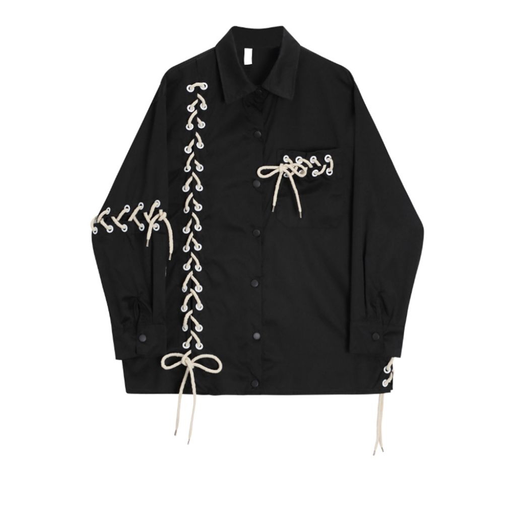 Kemeja Unisex Vintage Punk Black Harajuku Kemeja Panjang Korean Style