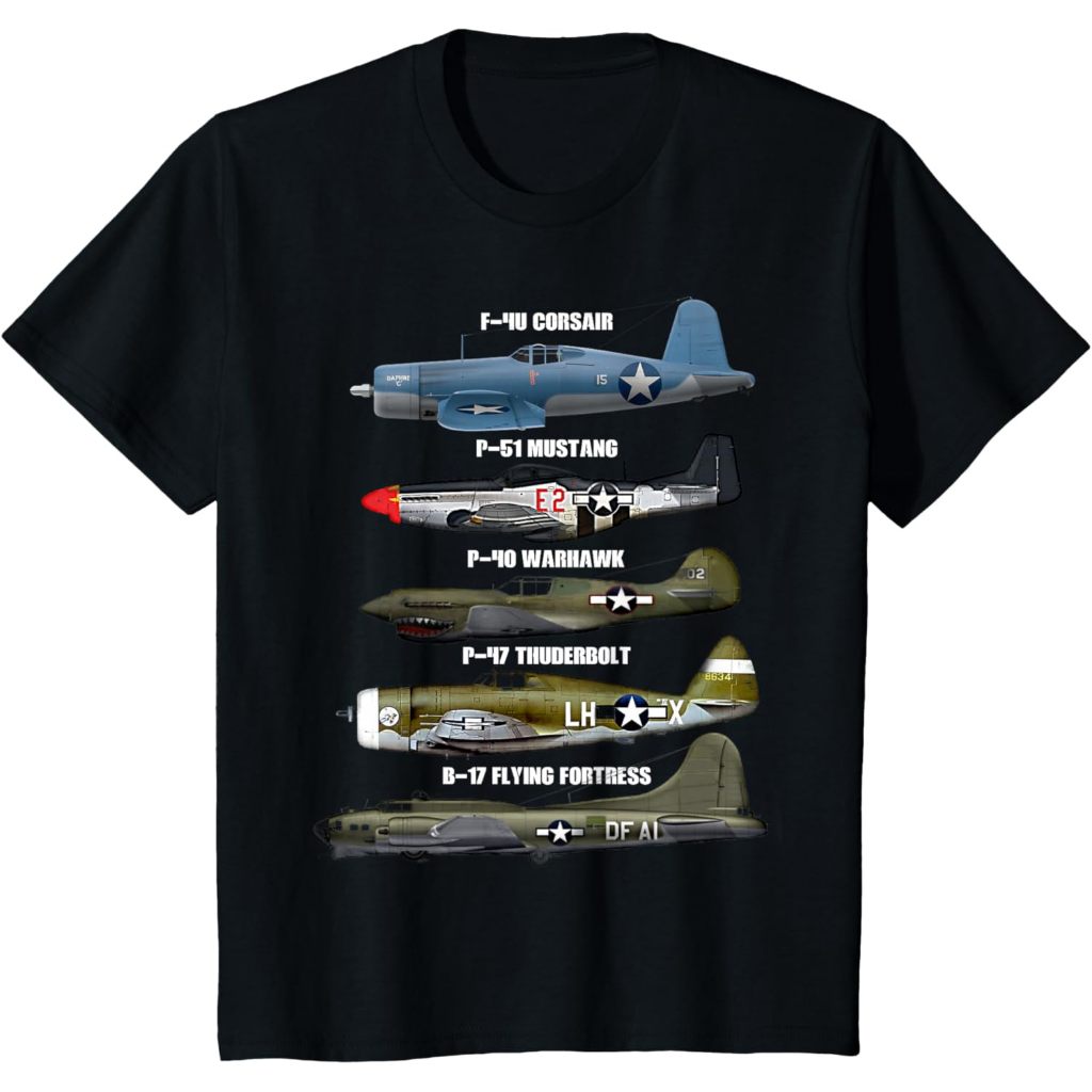 Baju kaos anak WW2 Warplane B-17 P51 Mustang F4U Corsair P40 Warhawk T-Shirt