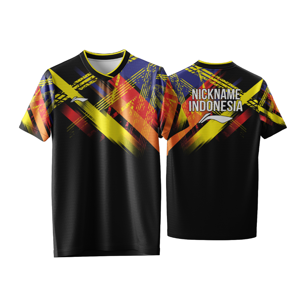 Jersey Badminton Custom 2025 Hitam Corak Kuning Merah Premium