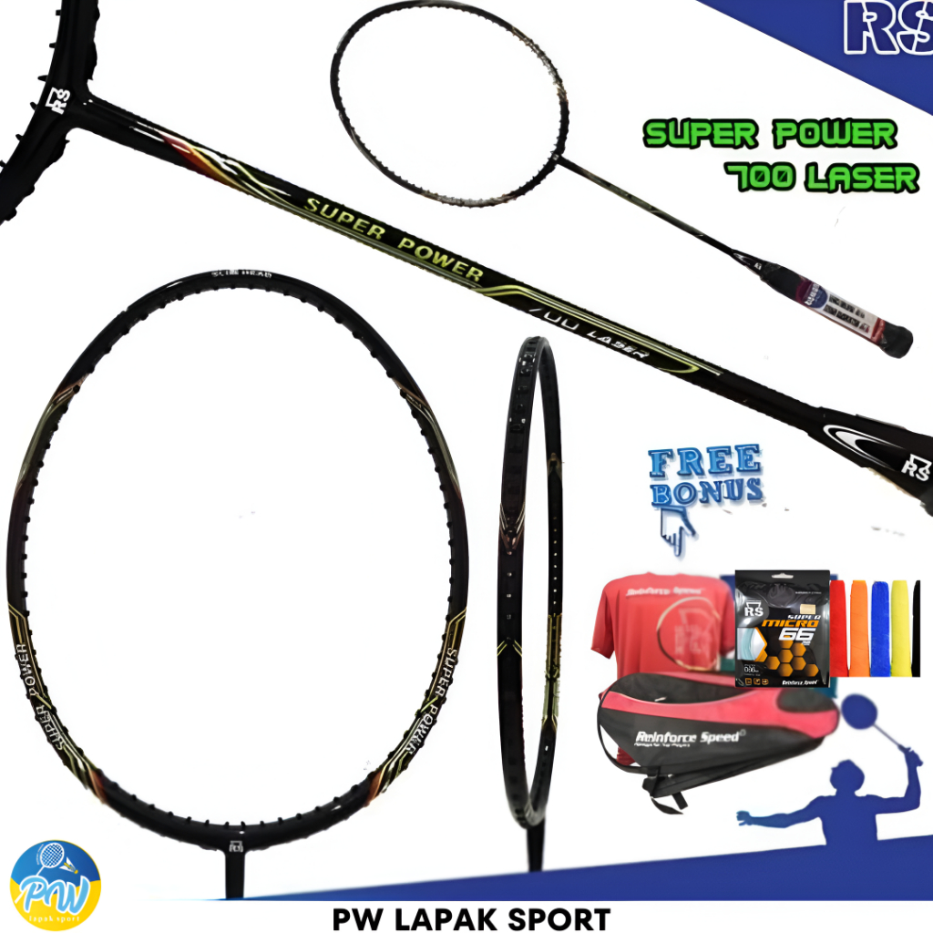 RAKET BADMINTON RS SUPER POWER 700 LASER ORIGINAL FREE GRIP - PASANG SENAR, TAS KAOS