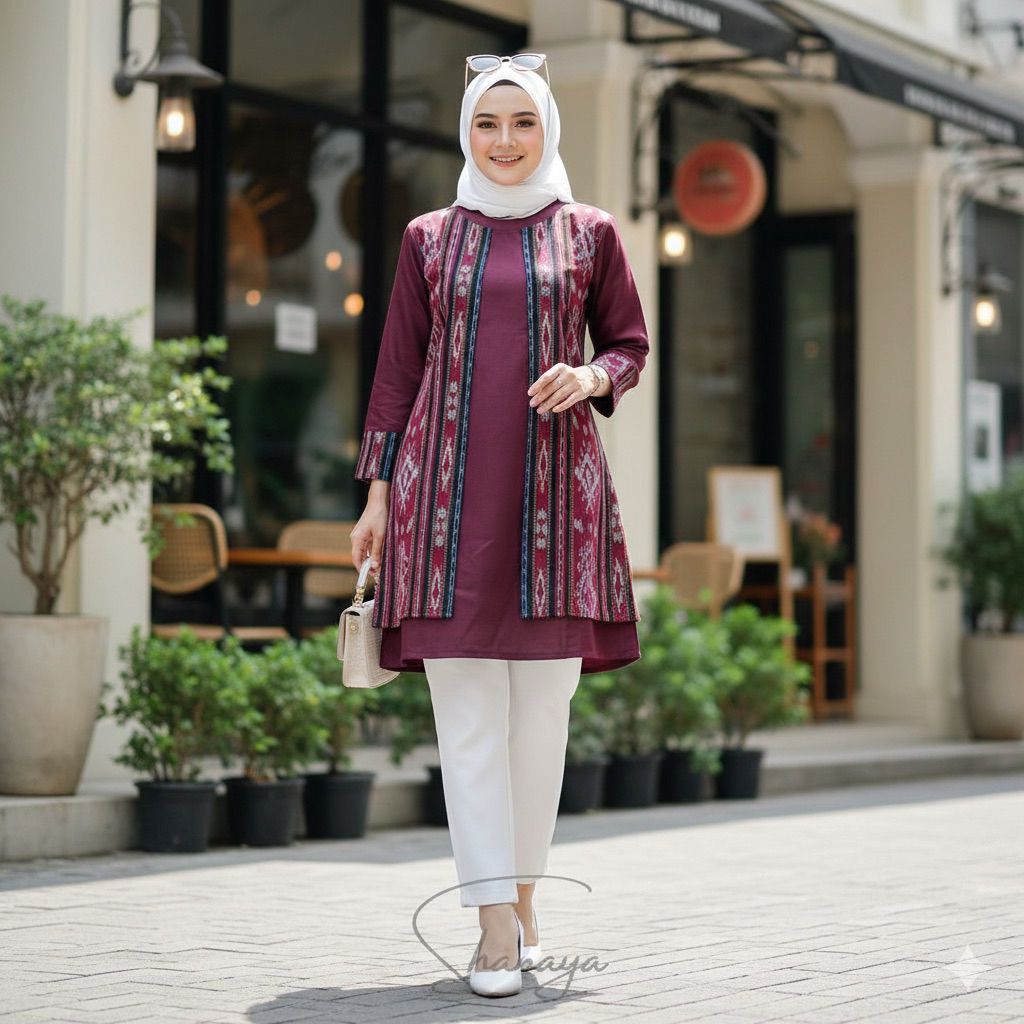 Shanaya Tunik Batik Tenun Kombinasi Toyobo Tenun Original Batik Kerja Baju Batik Wanita Resmi Batik 