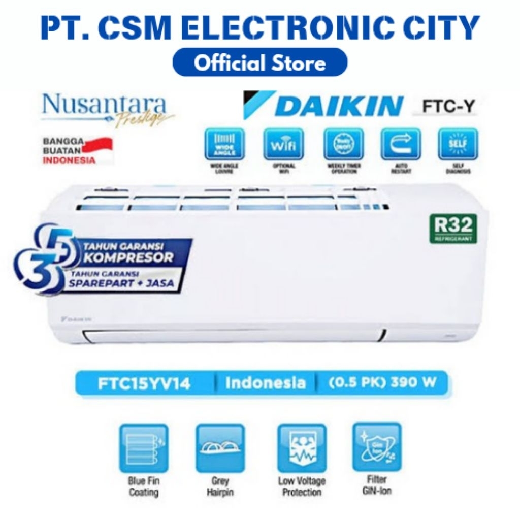 AC DAIKIN 1/2 PK FTC15YV14 1/2 PK/0,5 PK TURBO COOLING R32 [INDOOR+OUTDOOR UNIT ONLY] GARANSI RESMI