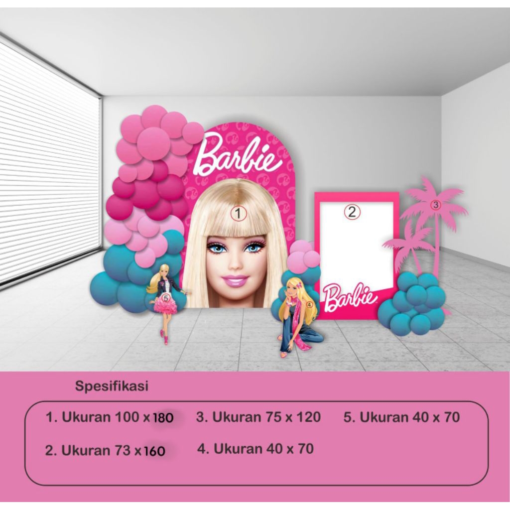 PAKET DEKORASI ULANG TAHUN TEMA BARBIE / STANDING KARAKTER BARBIE / BACKDROP BARBIE