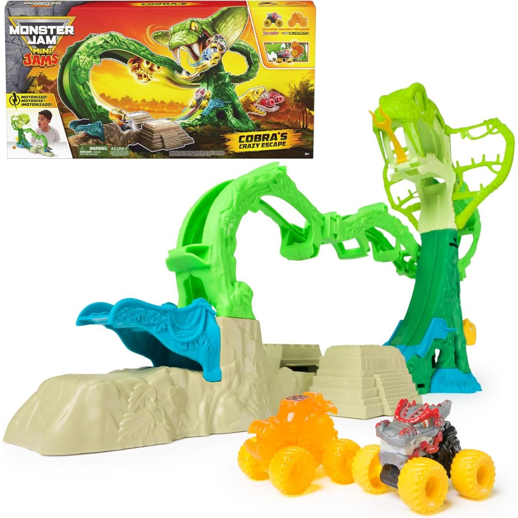 Monster Jam Mini Jams, Cobra’s Crazy Escape 28” Motorized Playset, 2 Exclusive Die-Cast ThunderROARu