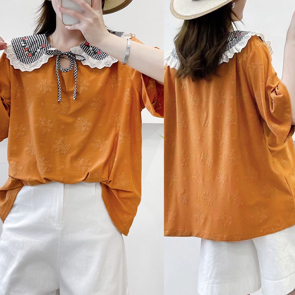 KAOS ORANGE BORDIR OVERSIZE KERAH COLLAR LEBAR KOTAK HITAM RENDA IMPORT