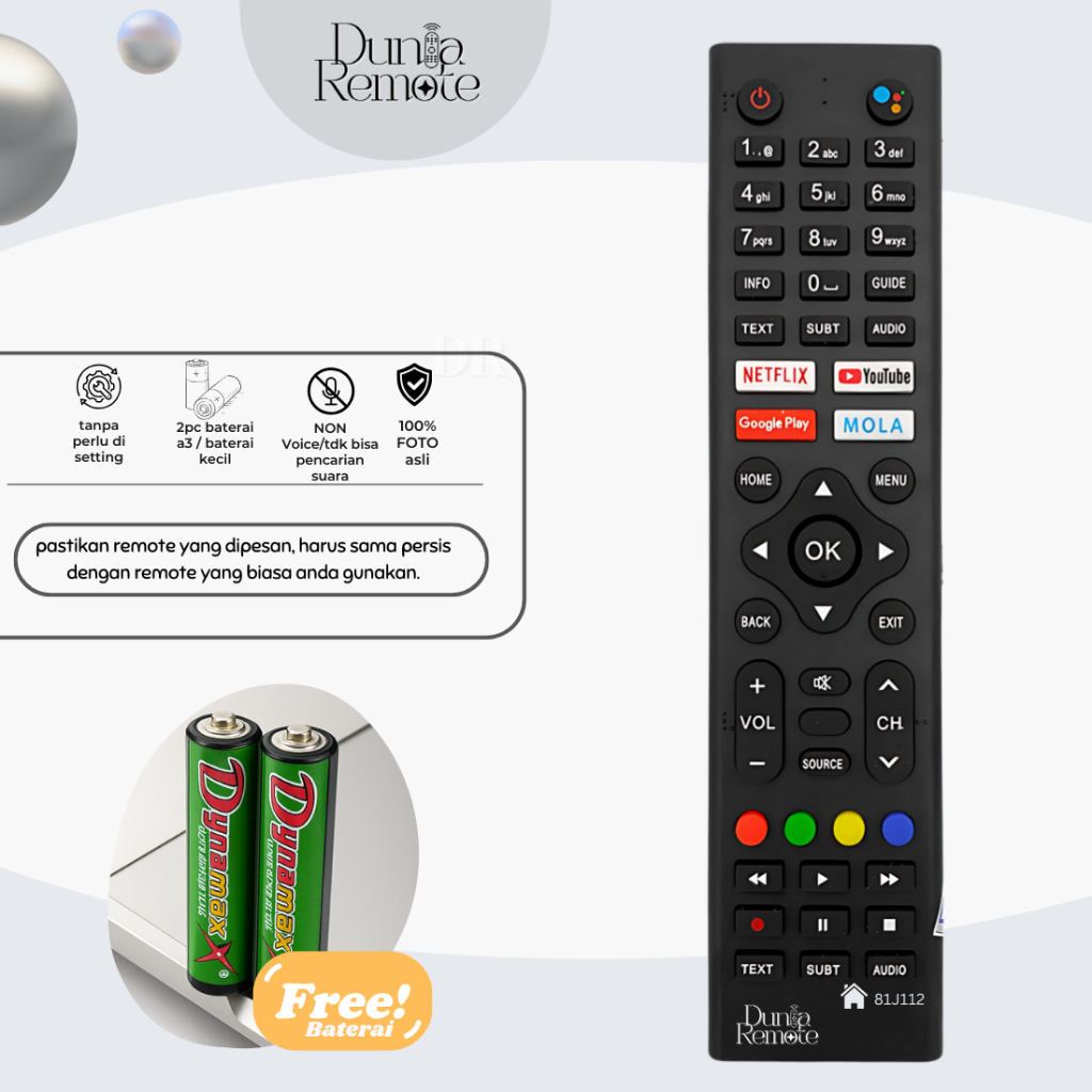 Remot Remote TV Polytron  SMART TV Android LCD LED 81J112 tanpa setting PLD 32AG9953 PLD 43AG9953