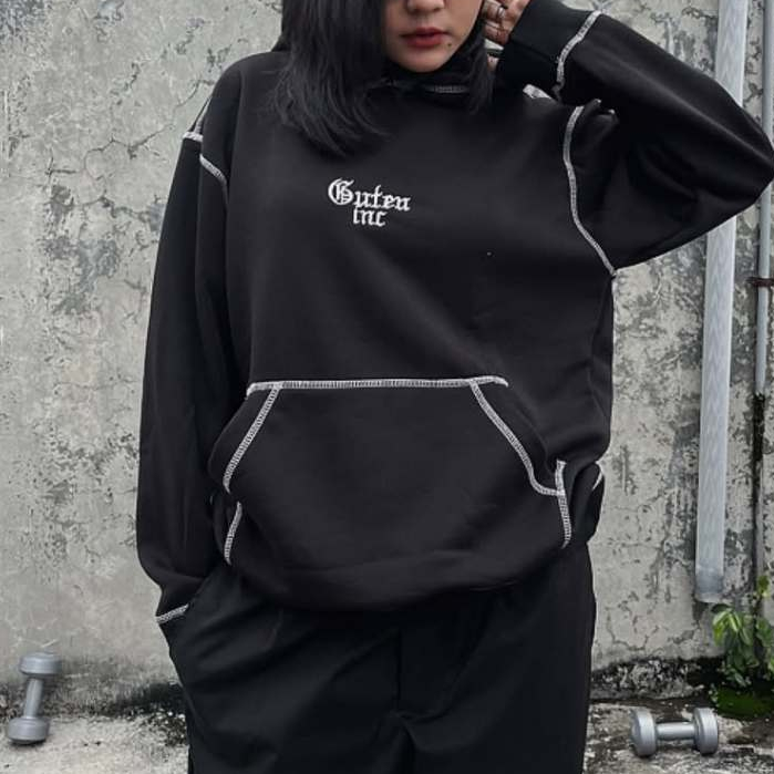 Guteninc Sweater Hoodie Ebony Contrast Stitch Black