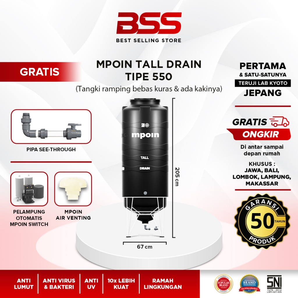 Tandon Tangki Air MPOIN 550 DRAIN 500 Liter Ramping - GARANSI 50 TAHUN - Anti Lumut