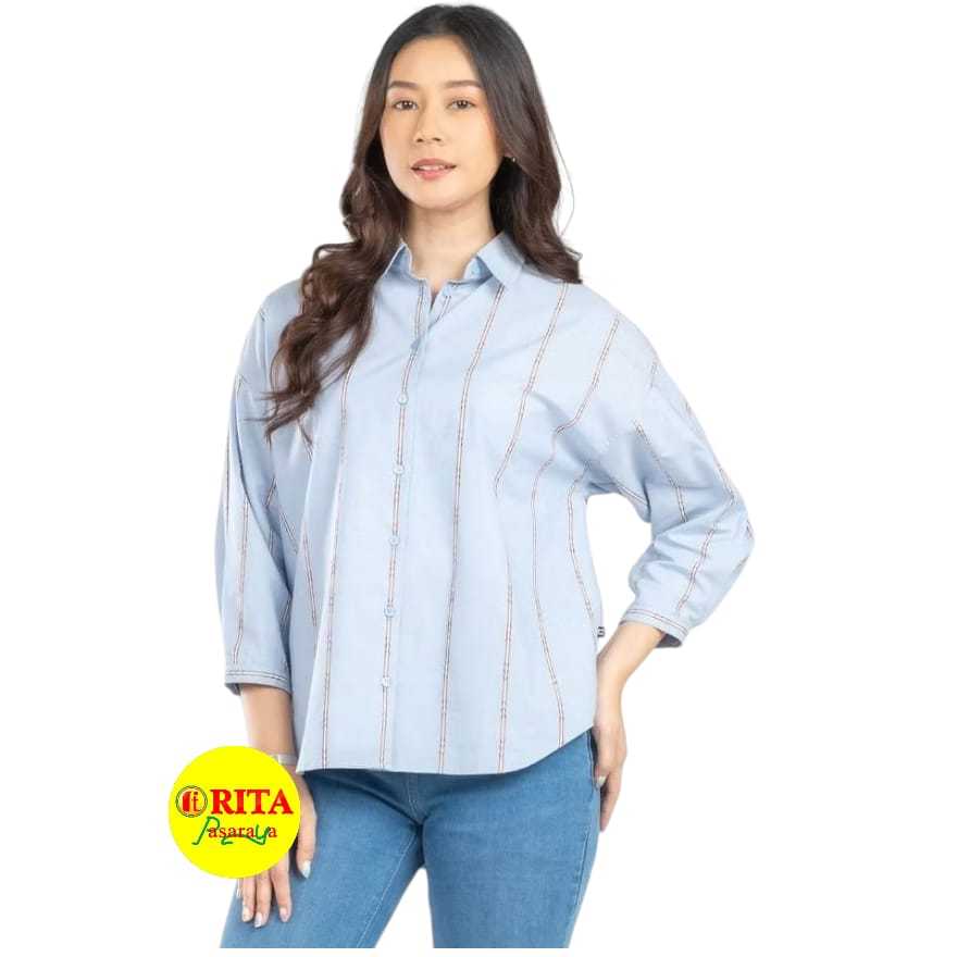 C2 Woven Tops Flatop Kemeja Wanita Motif Garis Lengan Panjang Casual Korean Style