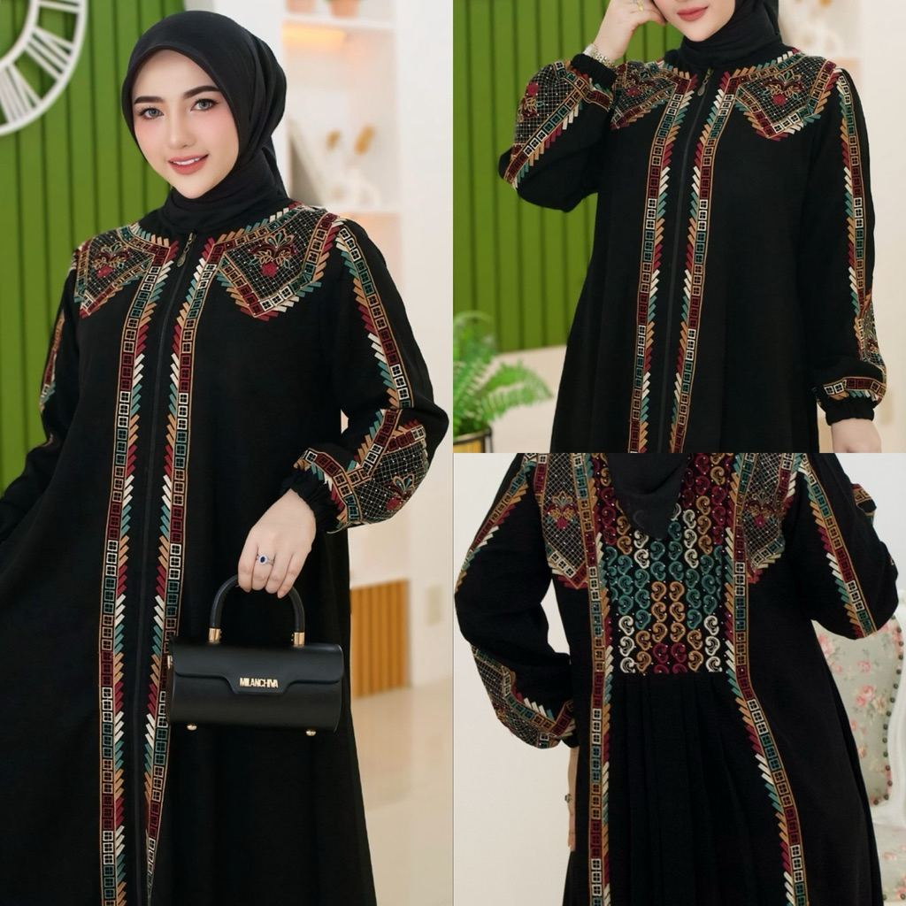 Gamis Mesir  Wanita  Bordir depan belakang  jetblack