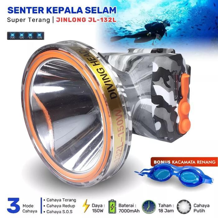 COD JINLONG JL-132L Senter Kepala Selam 150W Cahaya Putih Super Terang