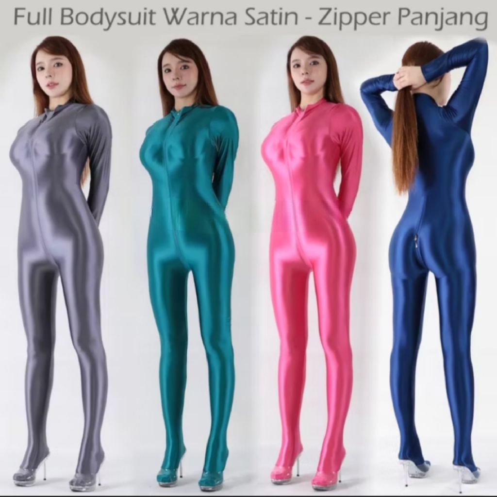 Bodysuit Glossy Lycra Zentai Unitard Lengan Panjang QH Abu-Abu