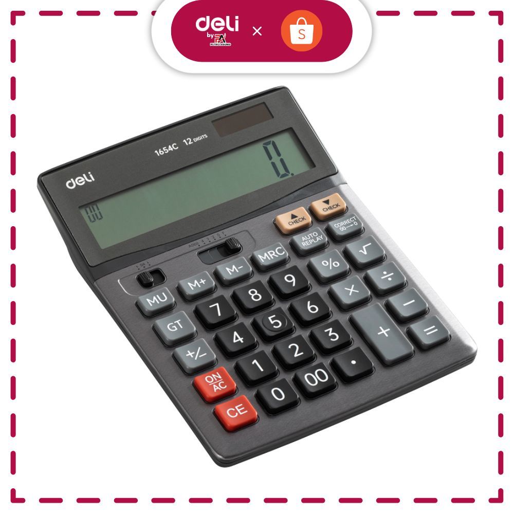 

DELI Kalkulator Calculator 12 Digit Besar Kecil Layar Lengkap 112 Check Power Surya & Baterai E1654C