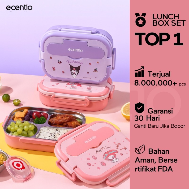[Seri Sanrio Resmi] ecentio Kotak bekal 304 stainless steel 4 Sekat 1000ml Lunch box Bento Kapasitas
