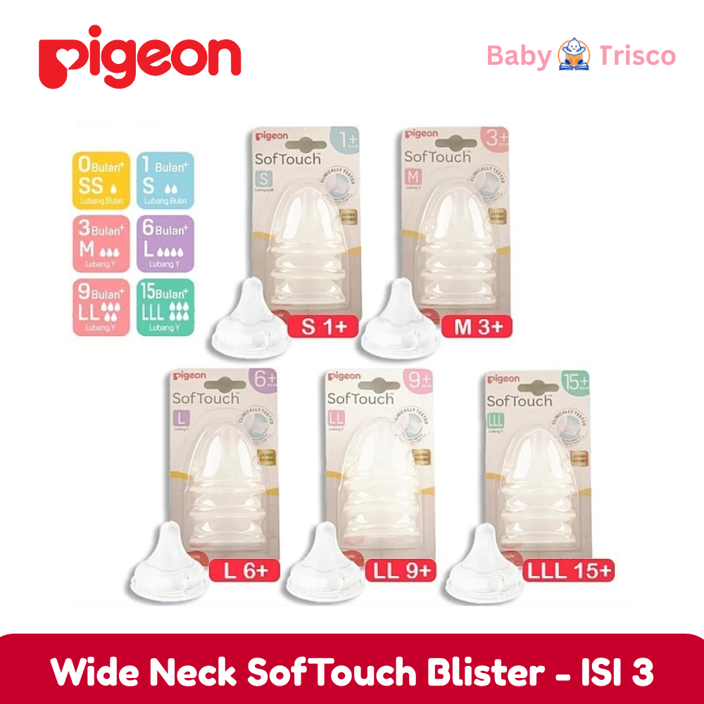Pigeon Softouch Nipple Set 3 pcs – S M L / LL / LLL – Dot Wide Neck Silikon original