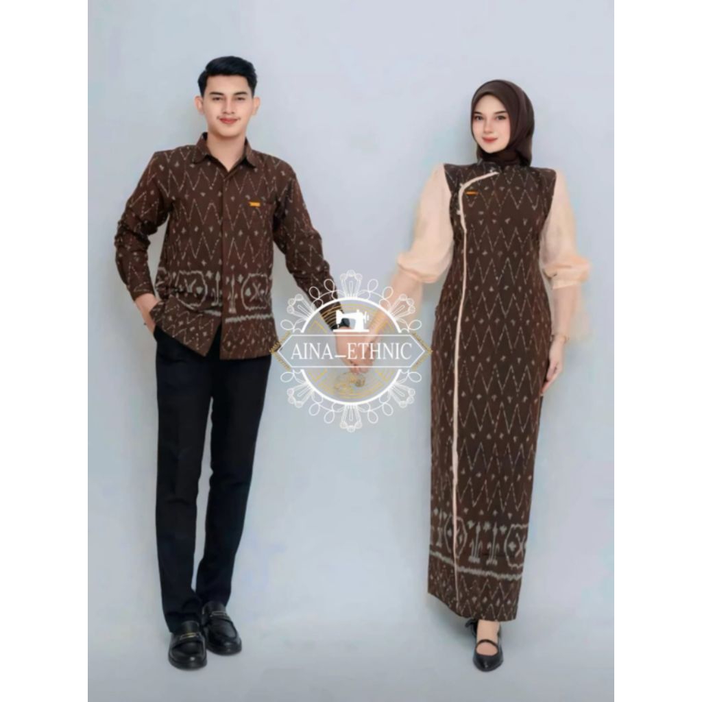 Aina Gamis Tenun Jenar Mocca Set Couple Tenun Baju Pasangan Pria Wanita Baju kondangan Sarimbit Kelu