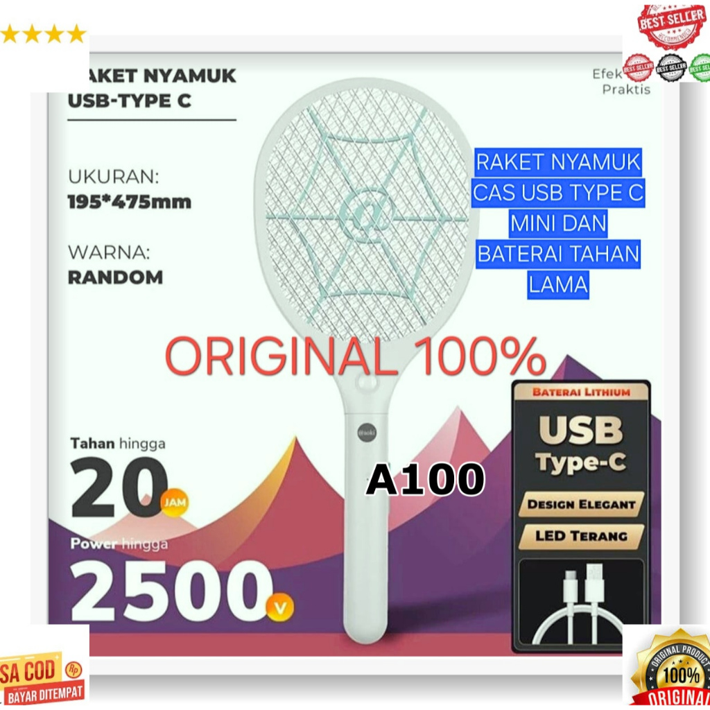A100 Raket nyamuk USB TYPE TIPE C INPUT CAS CASAN LAMPU SENTER Aoki 100% ori membasmi basmi serangga