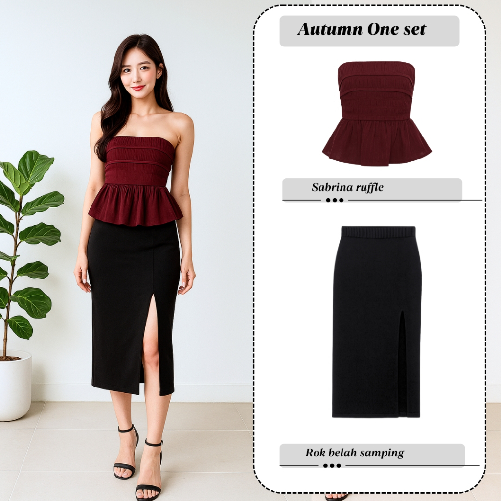 Autumn One Set Wanita Kekinian (Sabrina Ruffle + Rok Span Belah) Outfit Korean Style Remaja OOTD