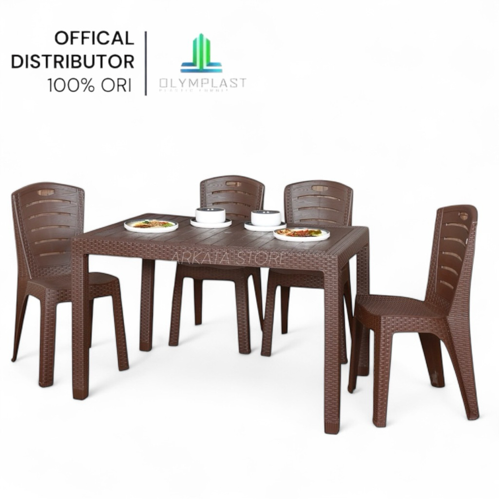 1 Set meja Makan Plastik 120 ODT-R + 4 Kursi Olymplast Rotan OL 203 208