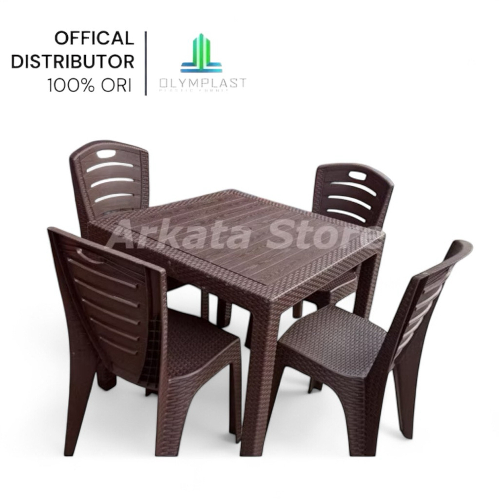 1 Set Meja Makan Plastik ODT-R 80 Olymplast + 4 Kursi OL 203 Rotan