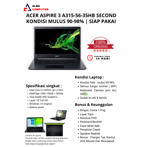 JUAL MURAH FULSET ACER ASPIRE 3 A315-56-35HB | CORE I3 GEN 10 8/128+500GB FHD