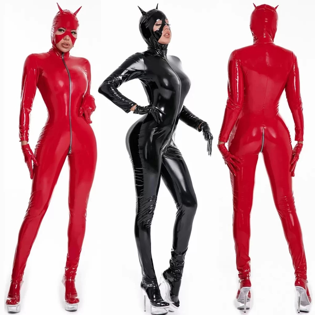 S-5XL Women Sexy Wetlook Latex Catsuit with Mask PVC Faux Leather Jumpsuit Lady Erotic Costume PU Bo