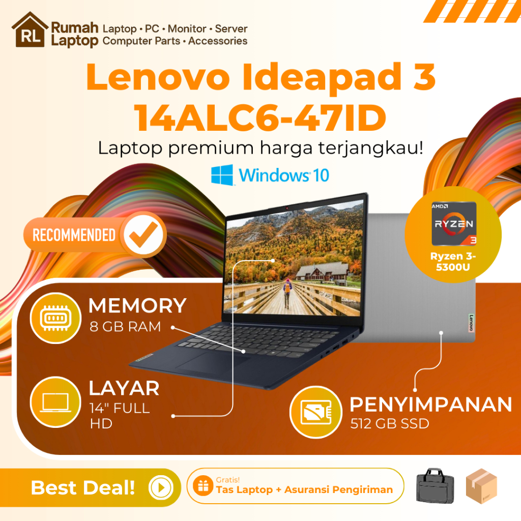Promo Laptop Lenovo Ideapad 3 14ALC6-47ID Ryzen 3-5300 Ram 8Gb Ssd 512Gb 14" Full Hd WIndows 10 Resm