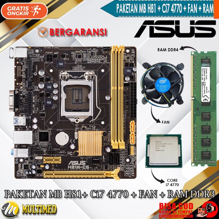 Paket Mobo 1150 H81 DDR3 + Core i7 4770 + FAN + RAM