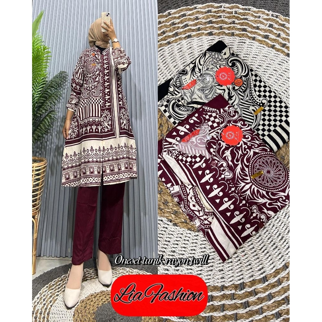 SETELAN LONG TUNIK/SETLONG TUNIK RAYON KOMBINASI TWILL LIA FASHION