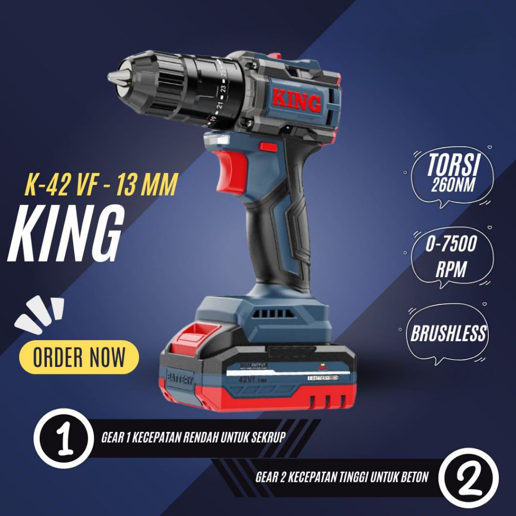 BOR BATERAI 42 Vf KING BOR CORDLESS BOR IMPACT DRILL FULLSET KOPER