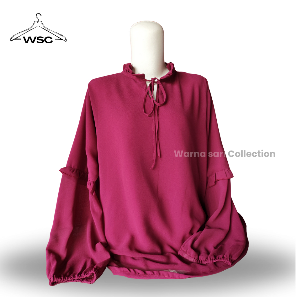 WSC - Blouse Wanita Lengan Panjang Crinkle Polos Model Ikat Leher - Warna Maroon All Size