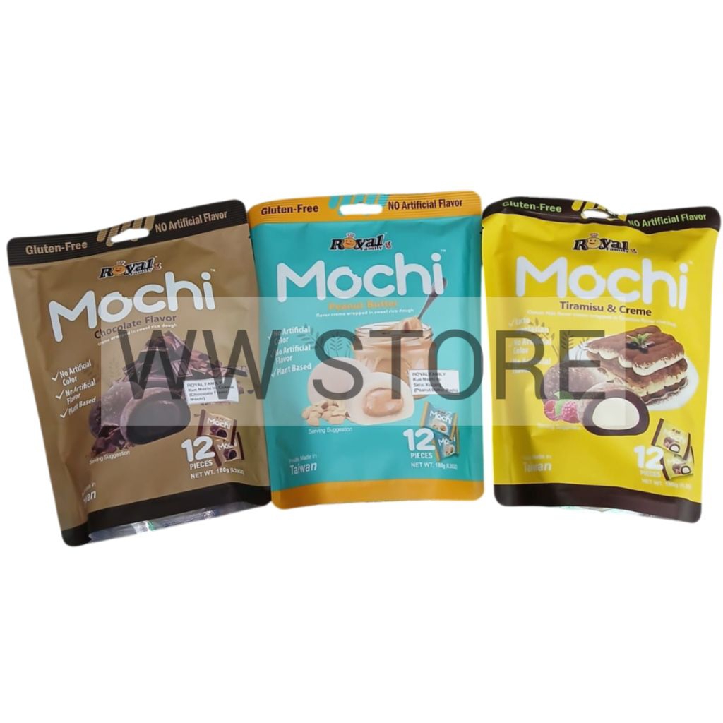 

Cemilan snek makanan ringan kue moci isi coklat cokelat / selai kacang / krim kopi BEBAS GLUTEN FREE Taiwan Royal Family Chocolate / Peanut Butter / Tiramisu & Creme Mochi 180g ( isi 12pcs )