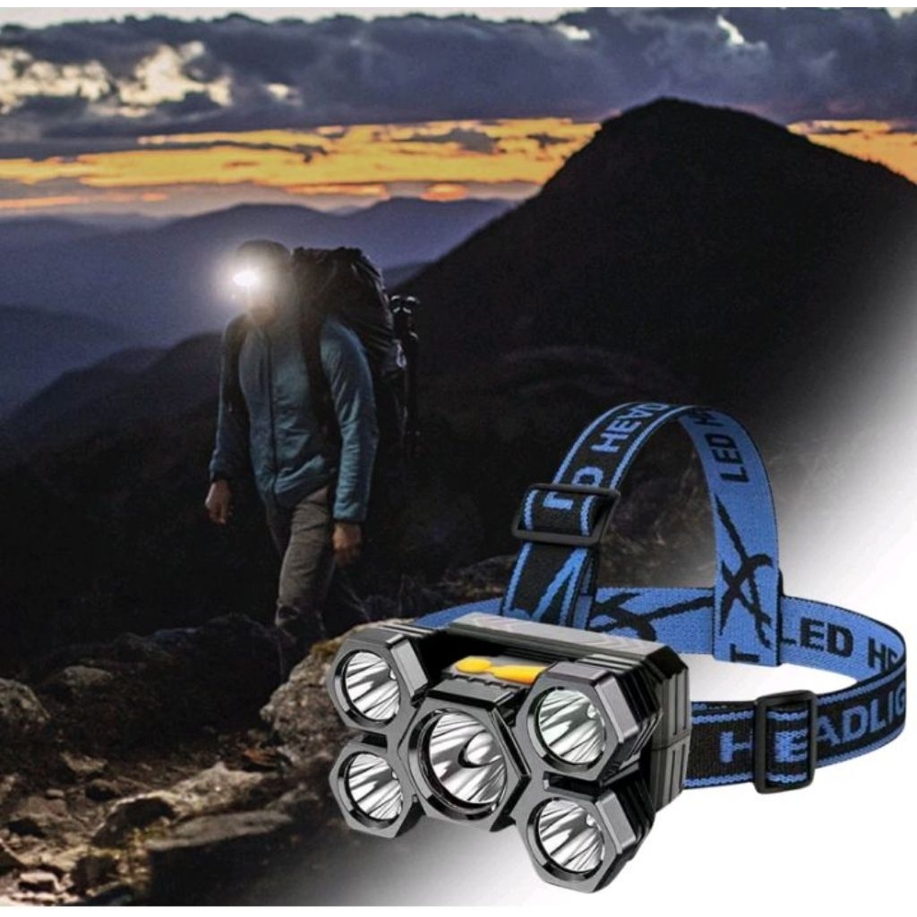 Senter Kepala Super Terang Usb Led Headlamp 5 LED