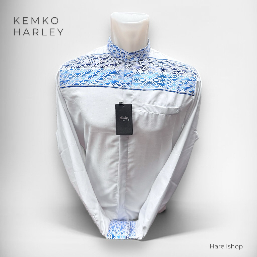 Kemko Harley Pria Lengan Panjang – Putih Bersih Motif Panah Biru Tua Abu Muda – Baju Koko Modern